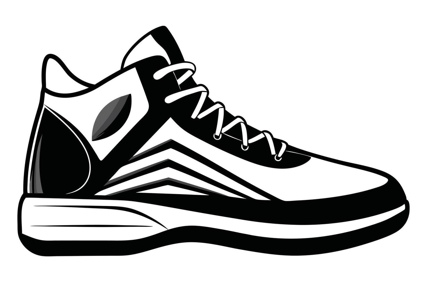 A Stylish black and white illustration of a high-top athletic shoe. vector