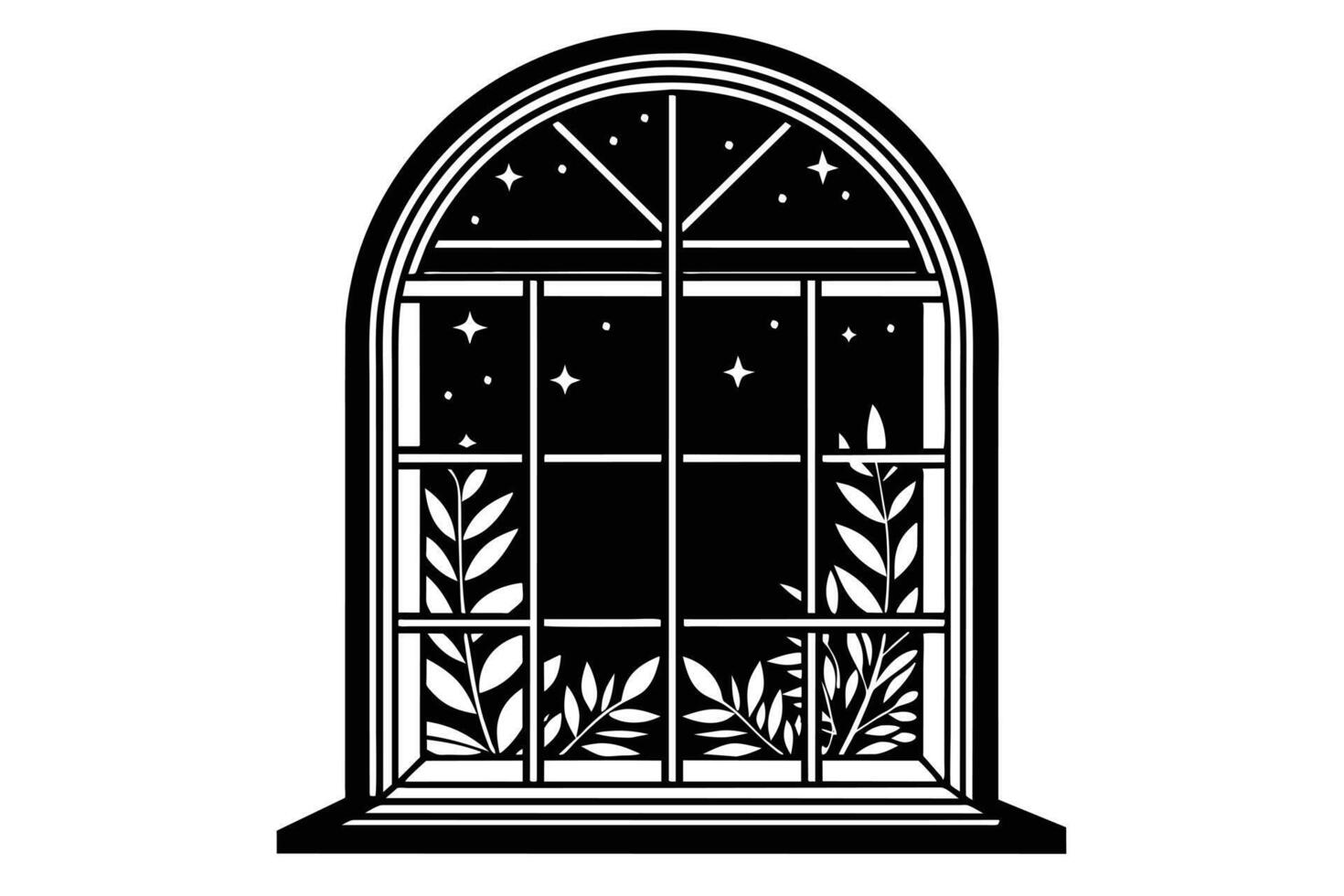 Arched window at night, framed by plants. vector