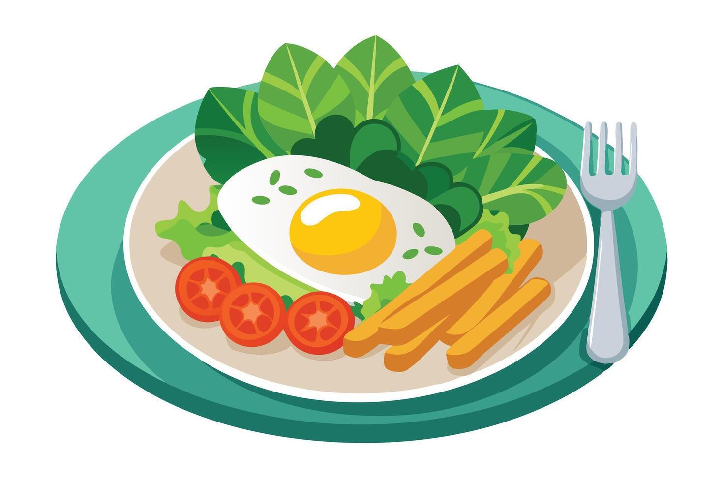 A Colorful illustration of a healthy breakfast plate with egg, fries, and salad. vector