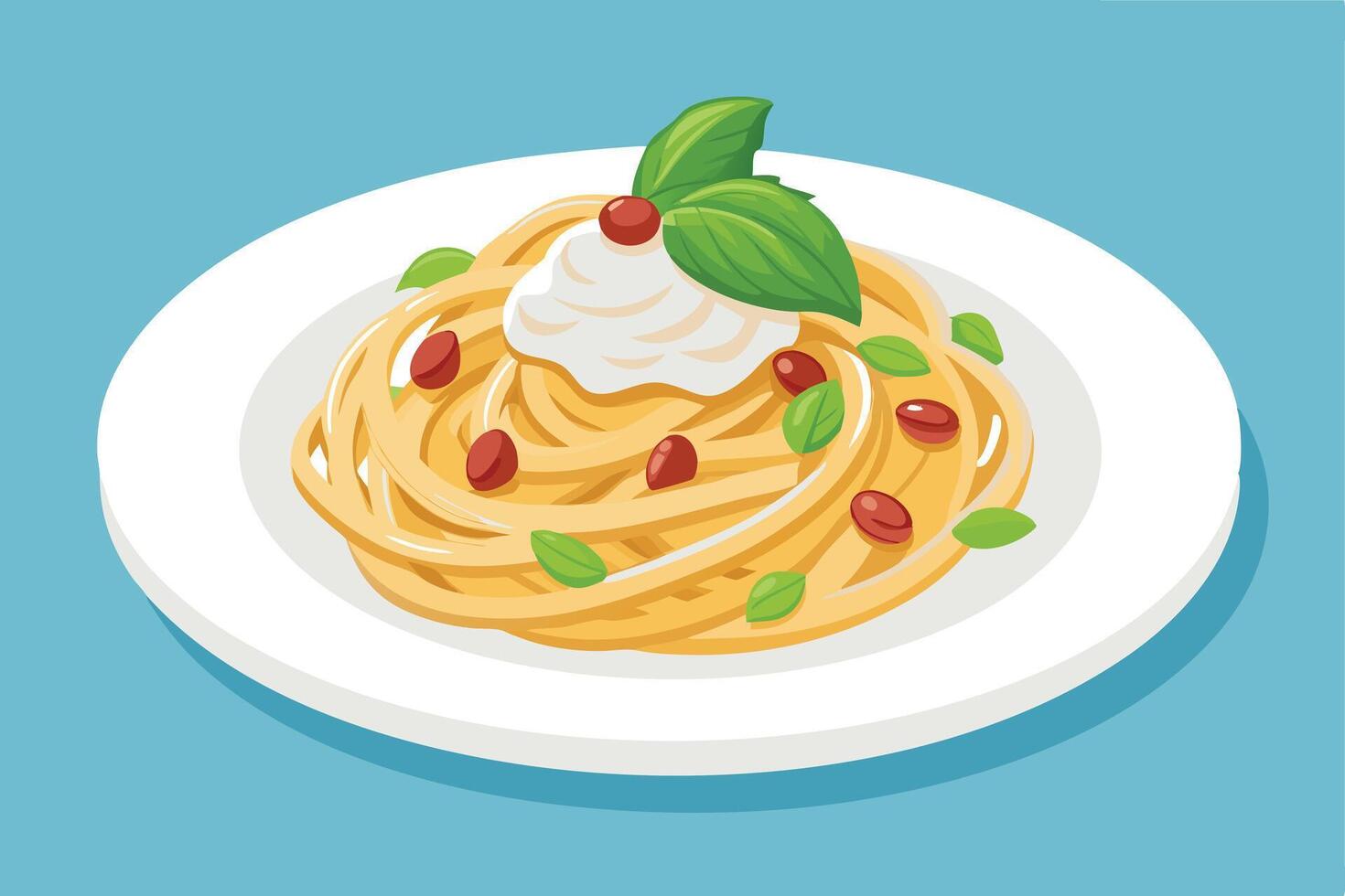 Delicious pasta dish with creamy sauce and basil vector