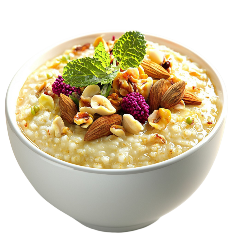 Creamy dessert topped with nuts berries and mint in a white bowl png