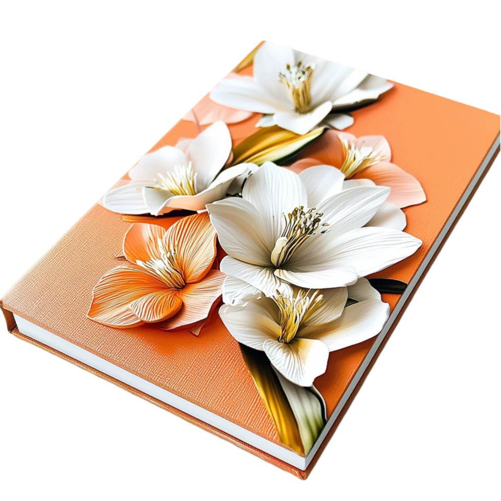 Floral notebook with white and orange flowers on a peach png