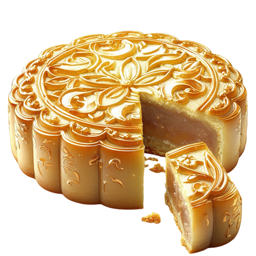 Golden mooncake with a detailed floral pattern and a slice cut out png