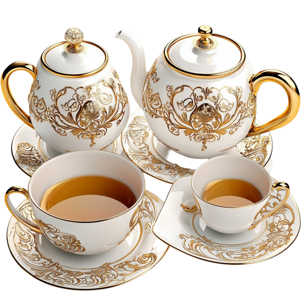 white and gold tea set with teapots and teacups png