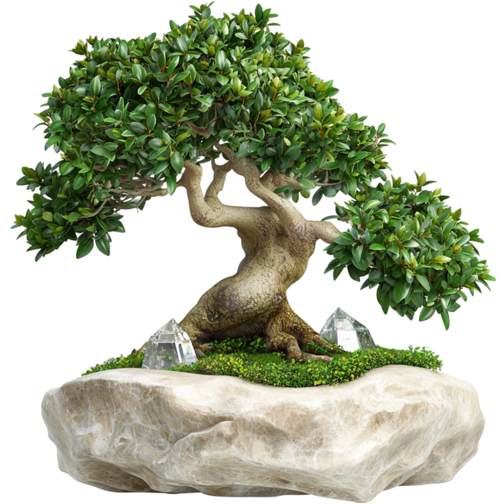 Bonsai tree with a thick trunk and dense green foliage on a stone base png
