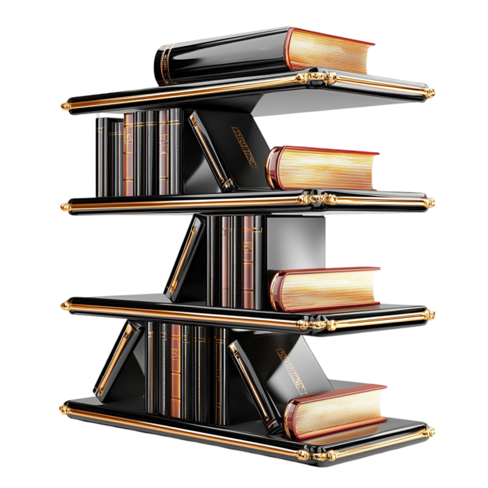 black and gold geometric bookshelf with stacked books png