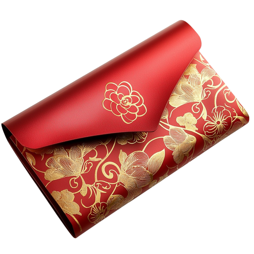 Red envelope with gold floral patterns and a design png
