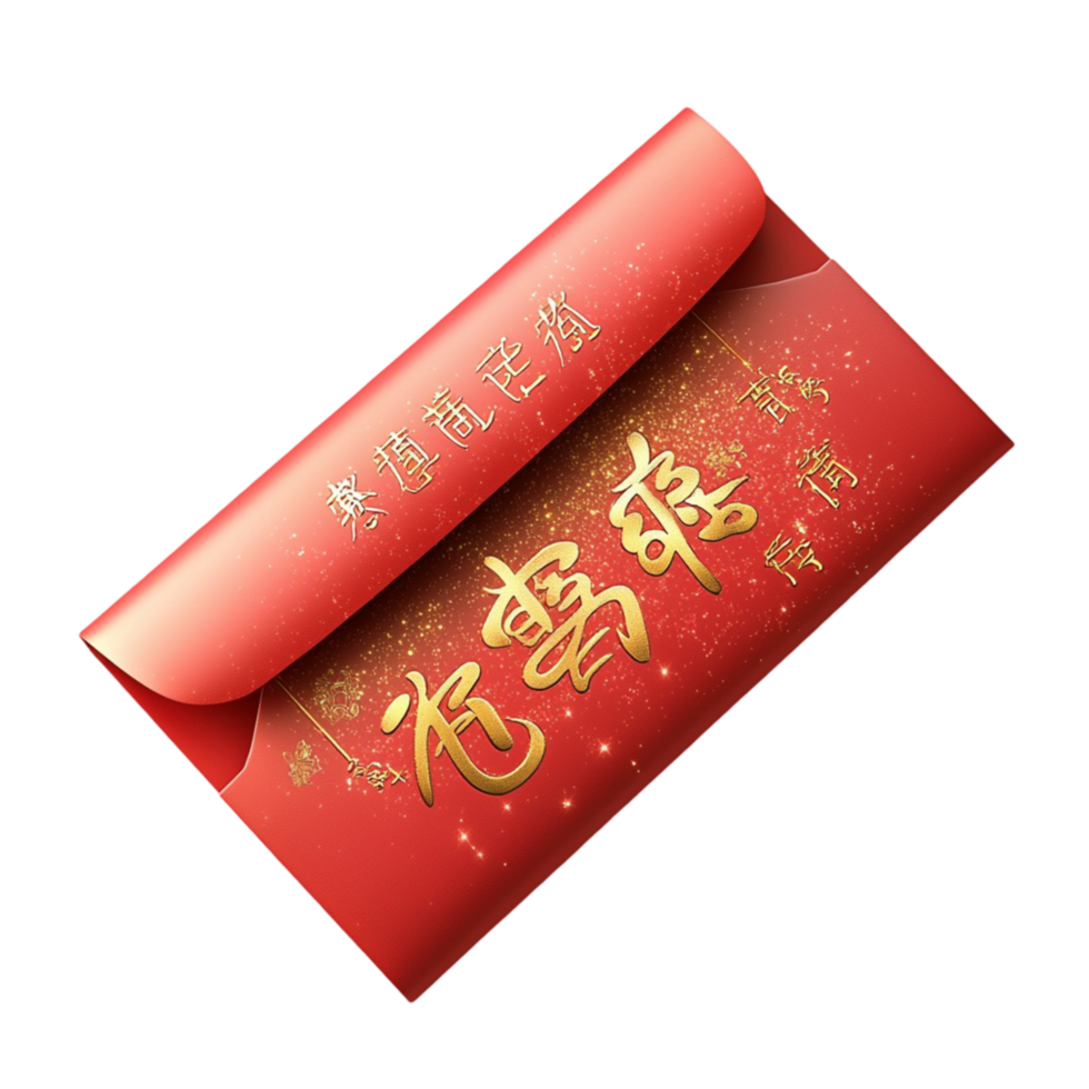 Red envelope with golden Chinese characters and elements png