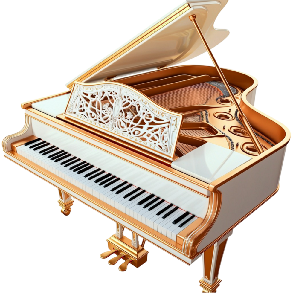 white and gold grand piano with ornate detailing png