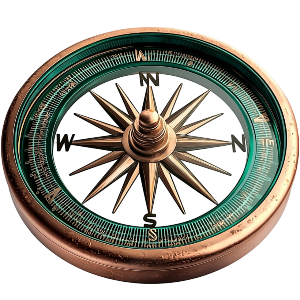 Vintage brass compass with a green and gold face png