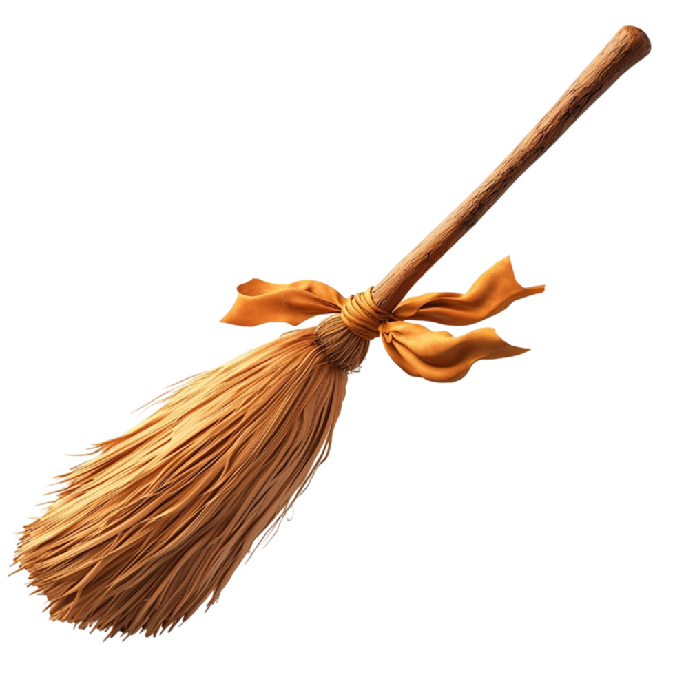 Traditional straw broom with a rustic design and natural fibers png