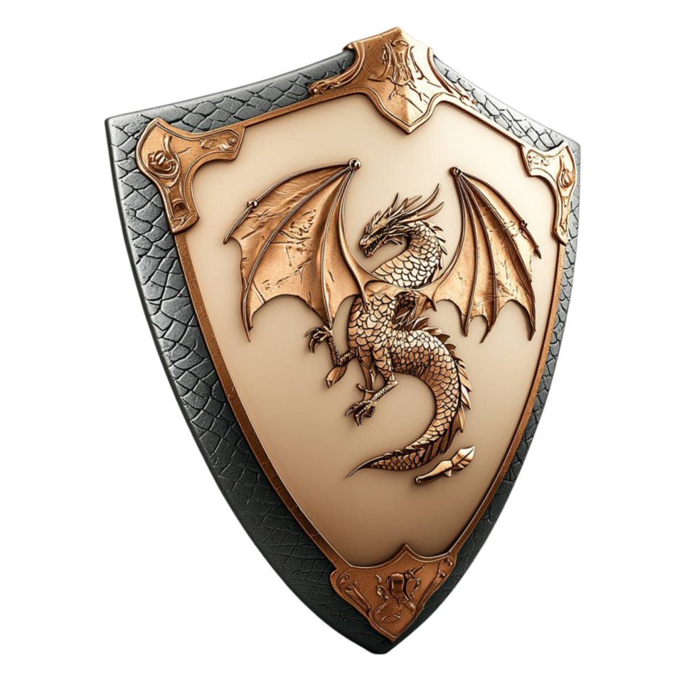 Medieval shield with a fierce dragon engraving and detailed craftsmanship png