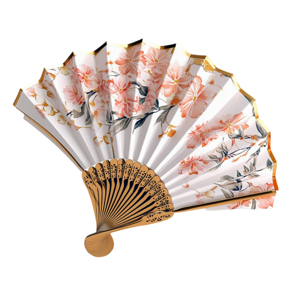Beautiful folding fan with floral patterns and a wooden handle png