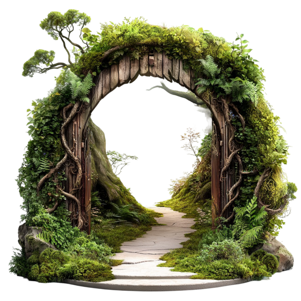Lush green archway leading to a mystical path png