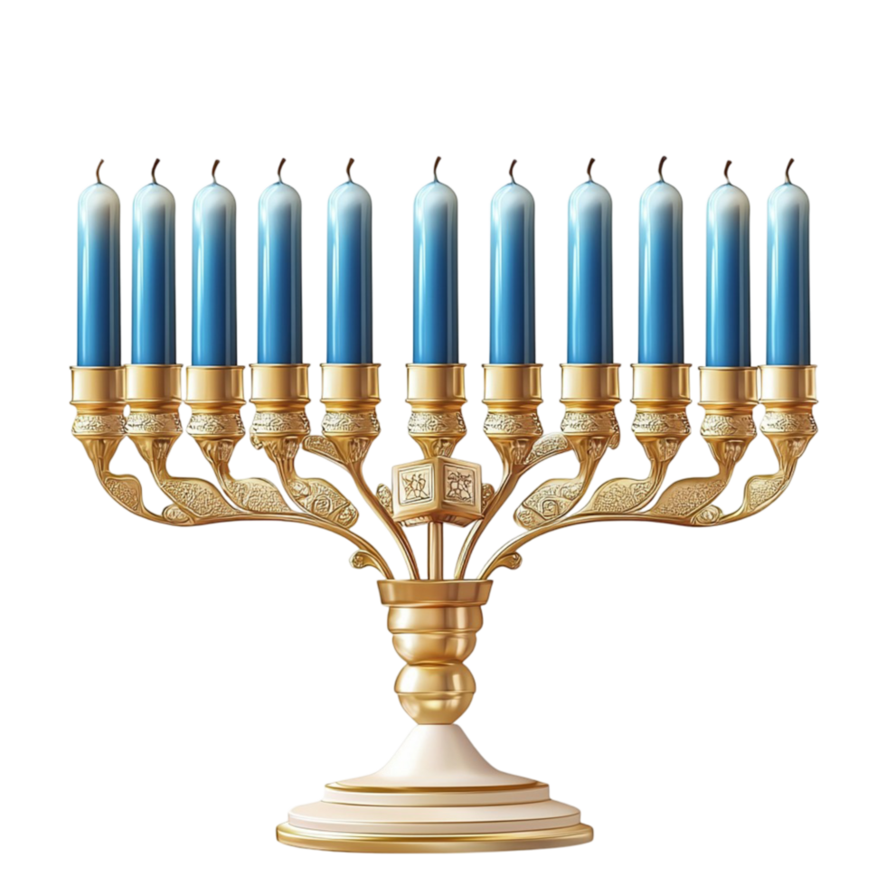 menorah with blue candles and a golden base with a design png