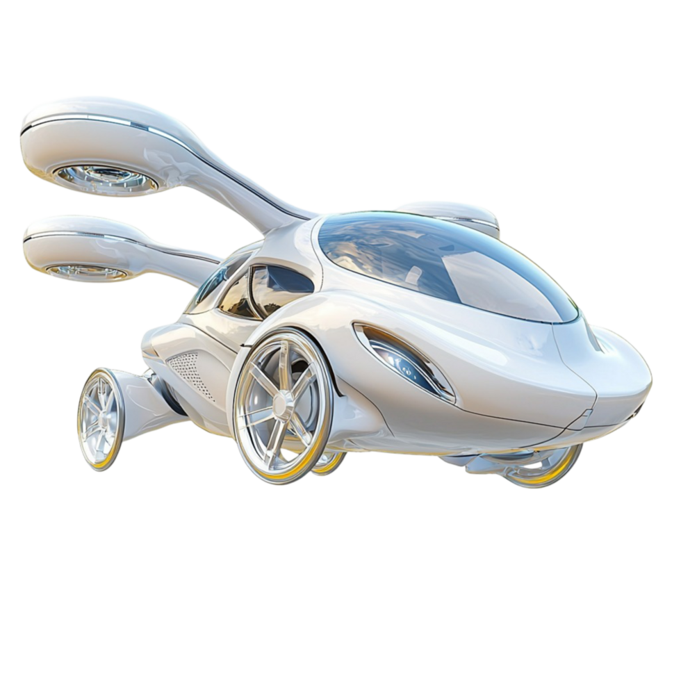 White flying car with aerodynamic curves and futuristic design png