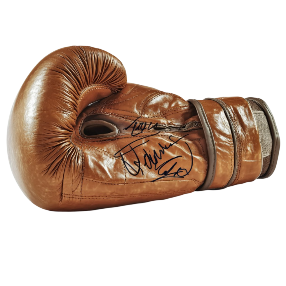 Vintage boxing glove with detailed stitching and signature png