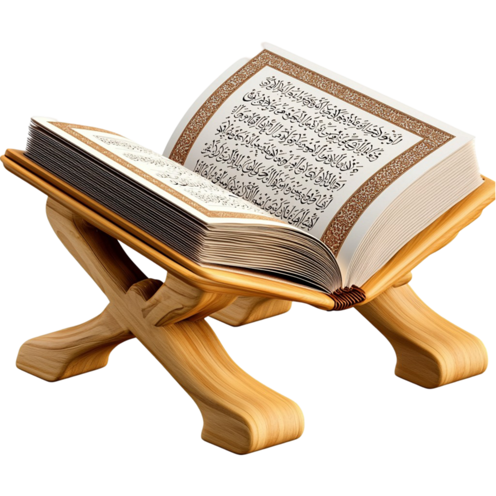 Holy book displayed on a wooden stand with an open page of sacred text png