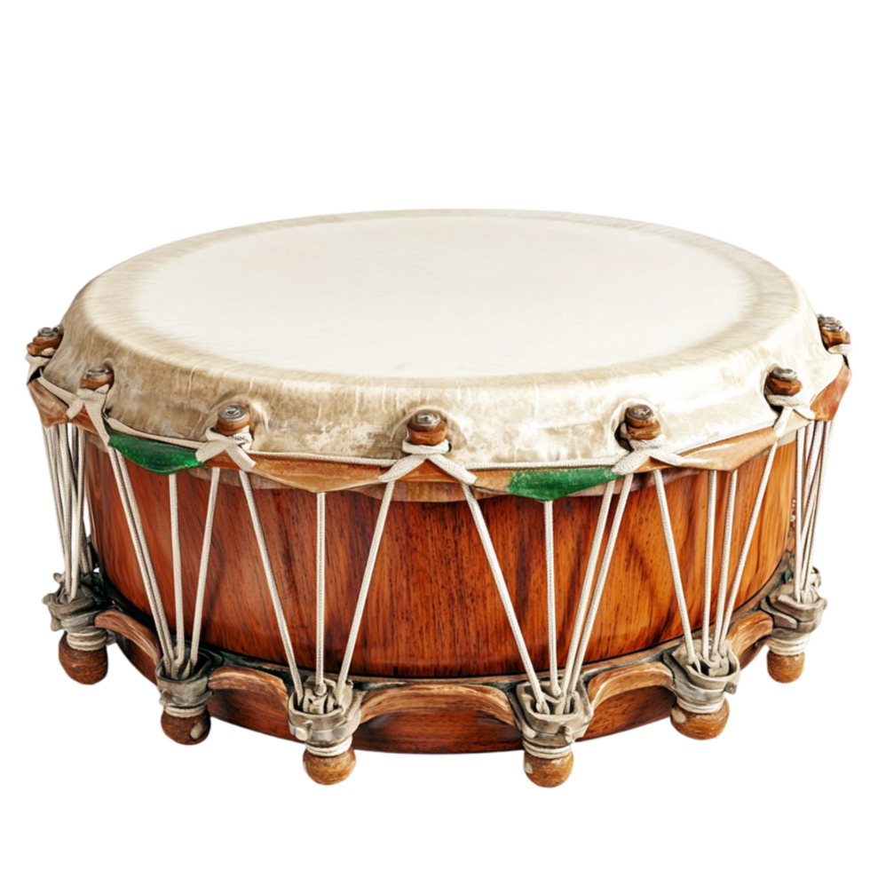 Traditional wooden drum with lacing and a design png