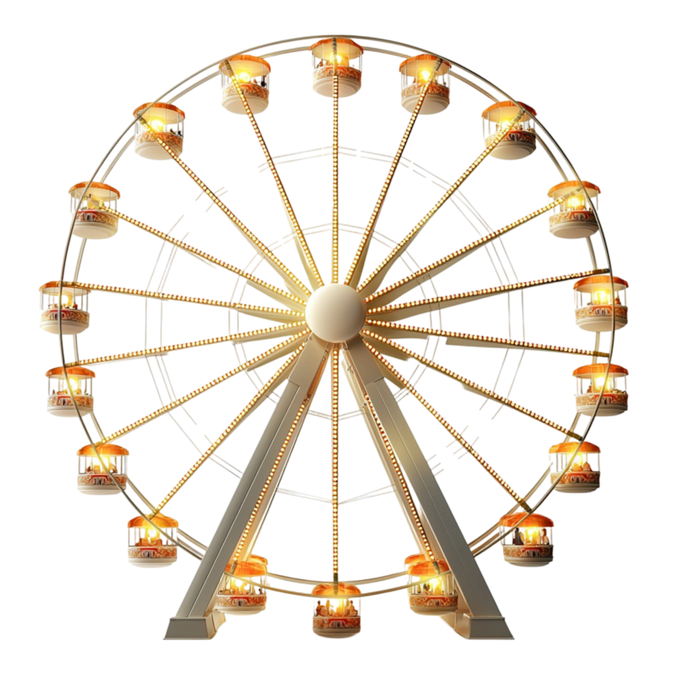 Golden Ferris wheel with illuminated cabins and a festive ambiance png
