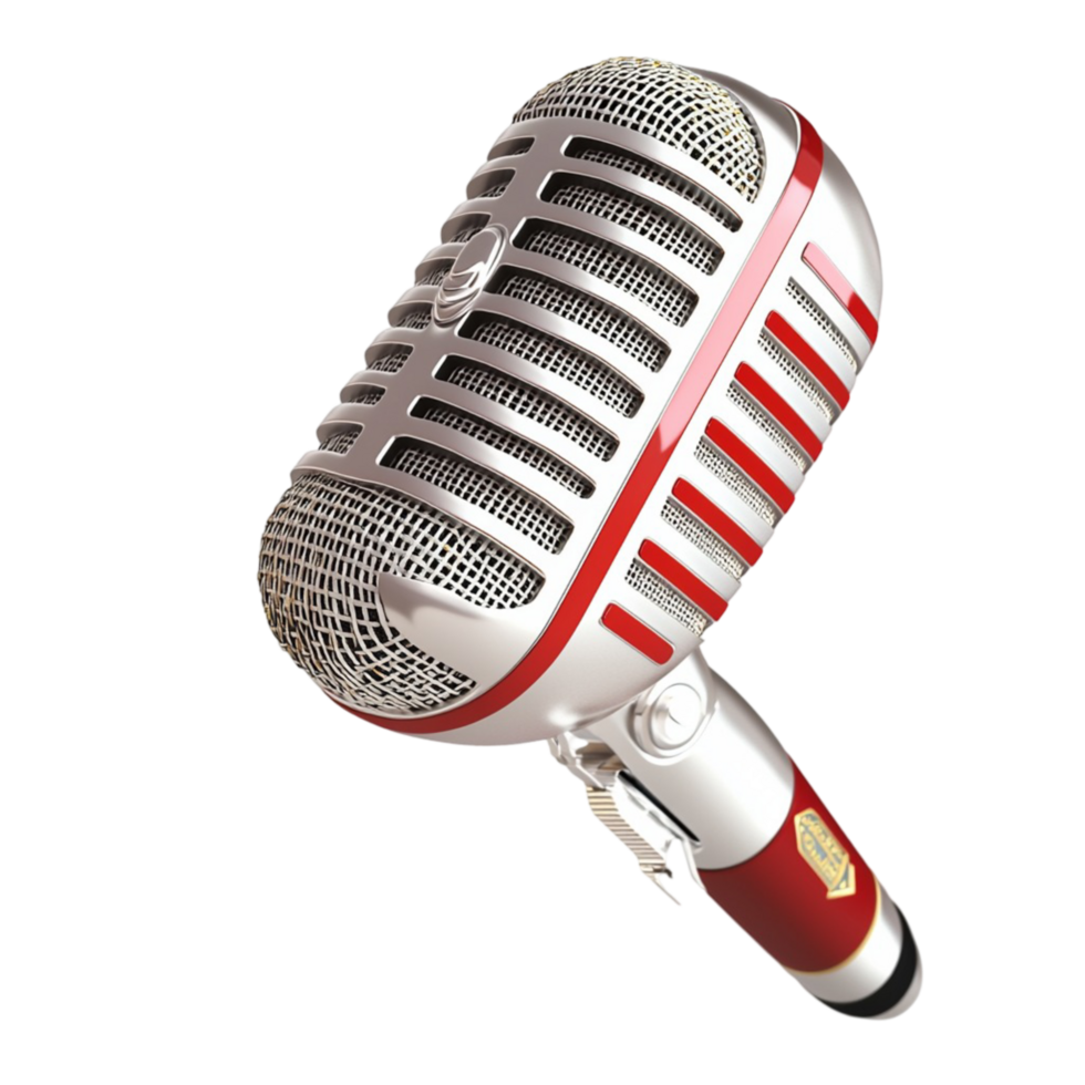 Retrostyle silver and red microphone with a design png