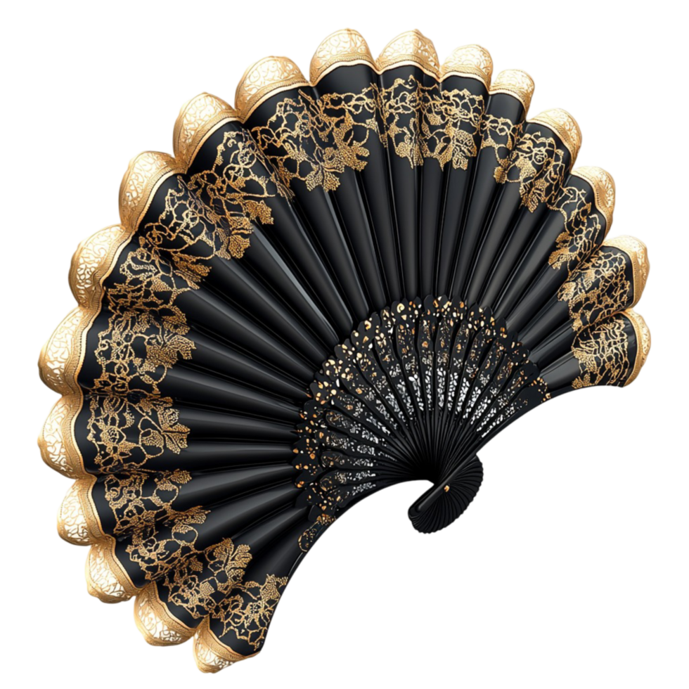 black and gold hand fan with intricate lace and detailing png