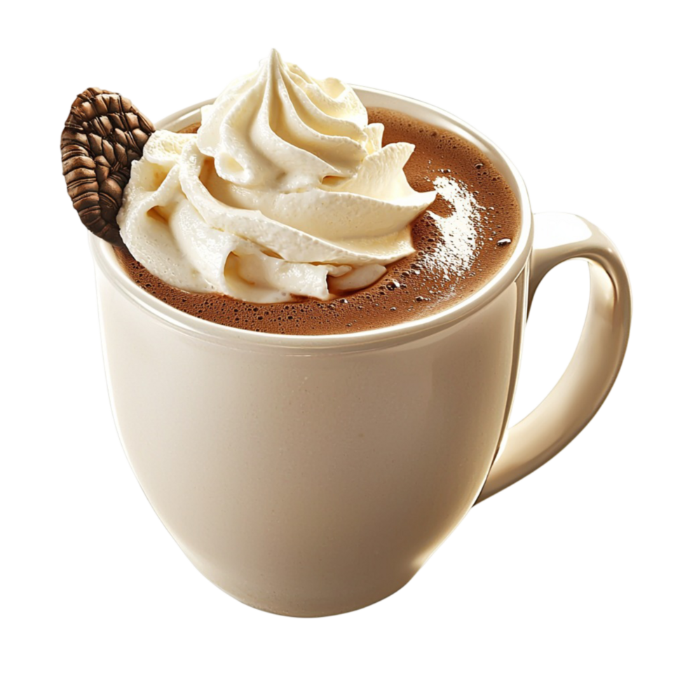Creamy hot chocolate with whipped cream and a chocolate wafer png