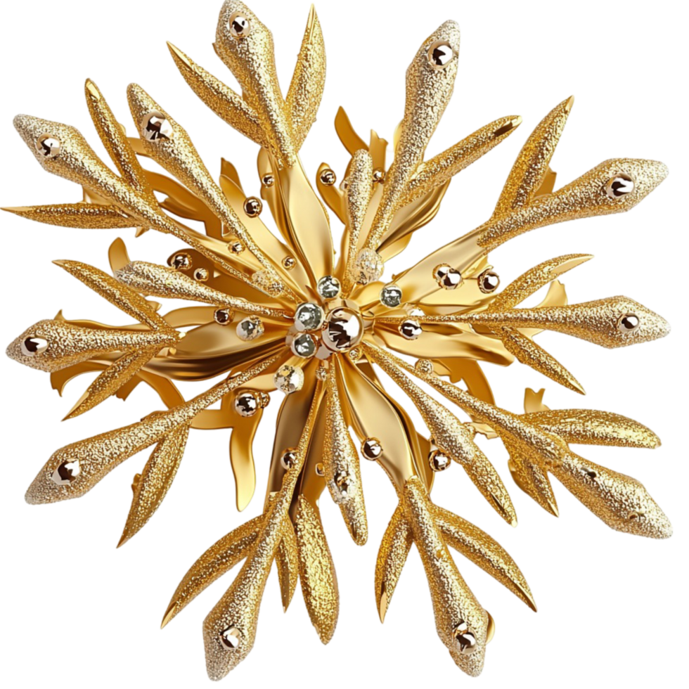 golden brooch with leaf patterns and small gemstone accents png