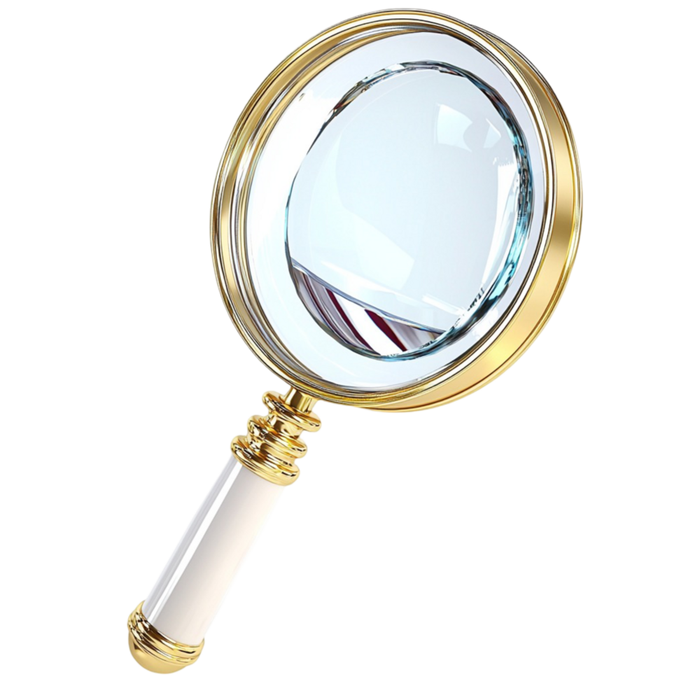 Magnifying glass with a gold handle and a clear lens png