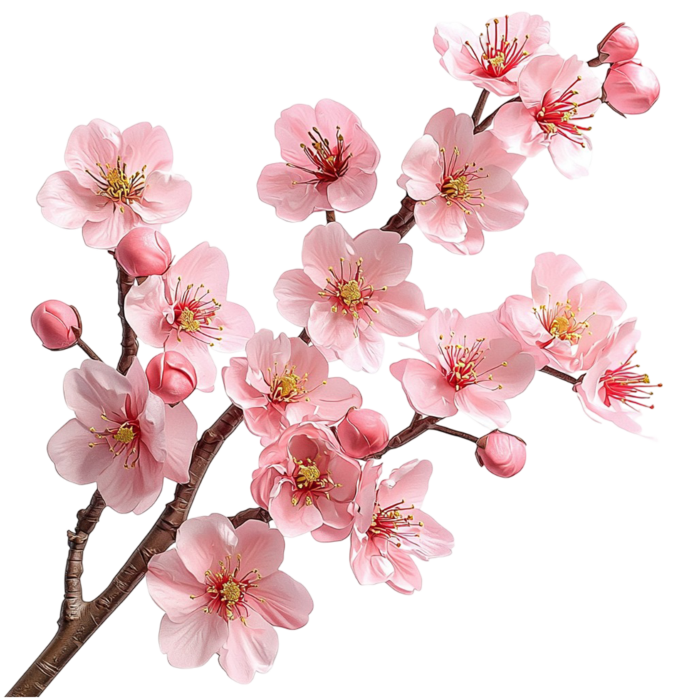 Delicate cherry blossom branch with pink flowers in bloom png