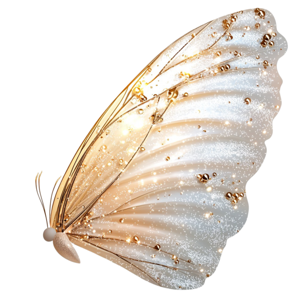 Glittering white butterfly wing with gold accents and delicate sparkles png