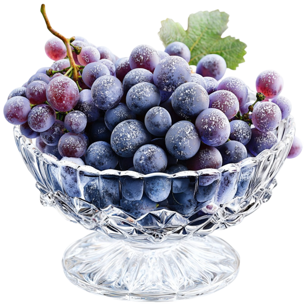 Crystal bowl overflowing with rk purple grapes and green leaves png