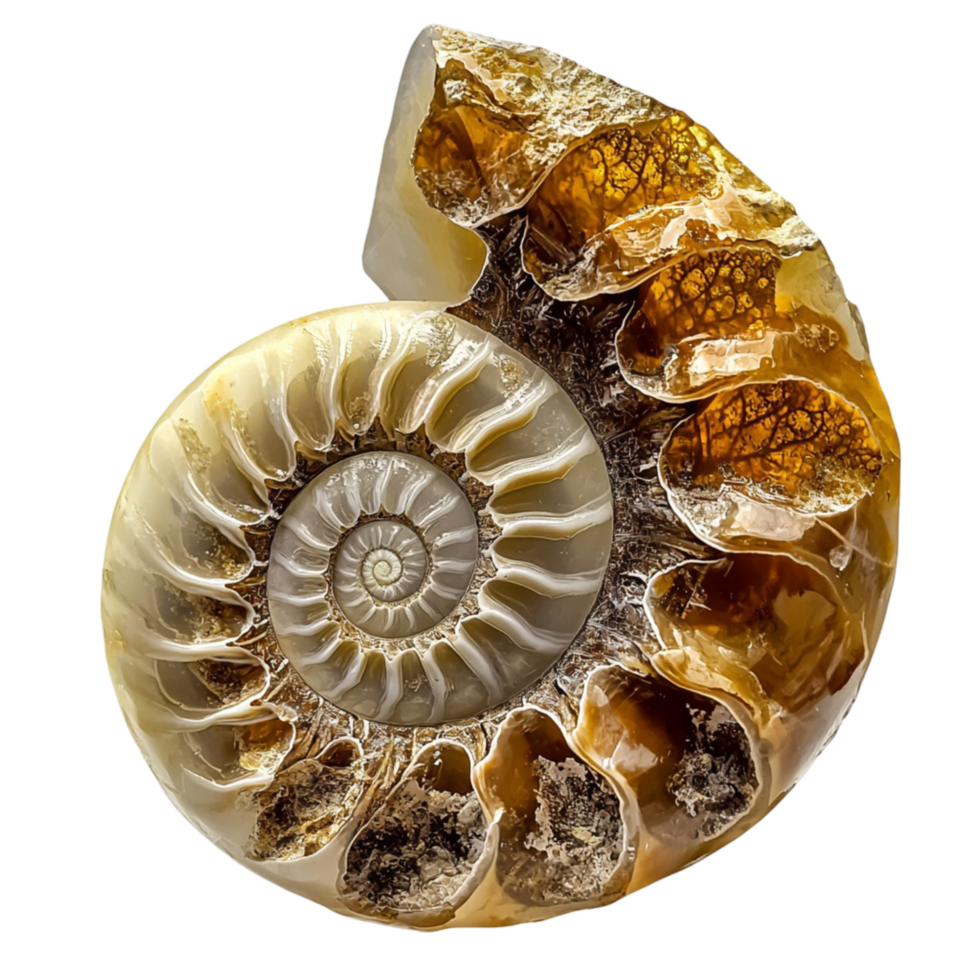 Fossilized ammonite shell with crystallized amber accents png