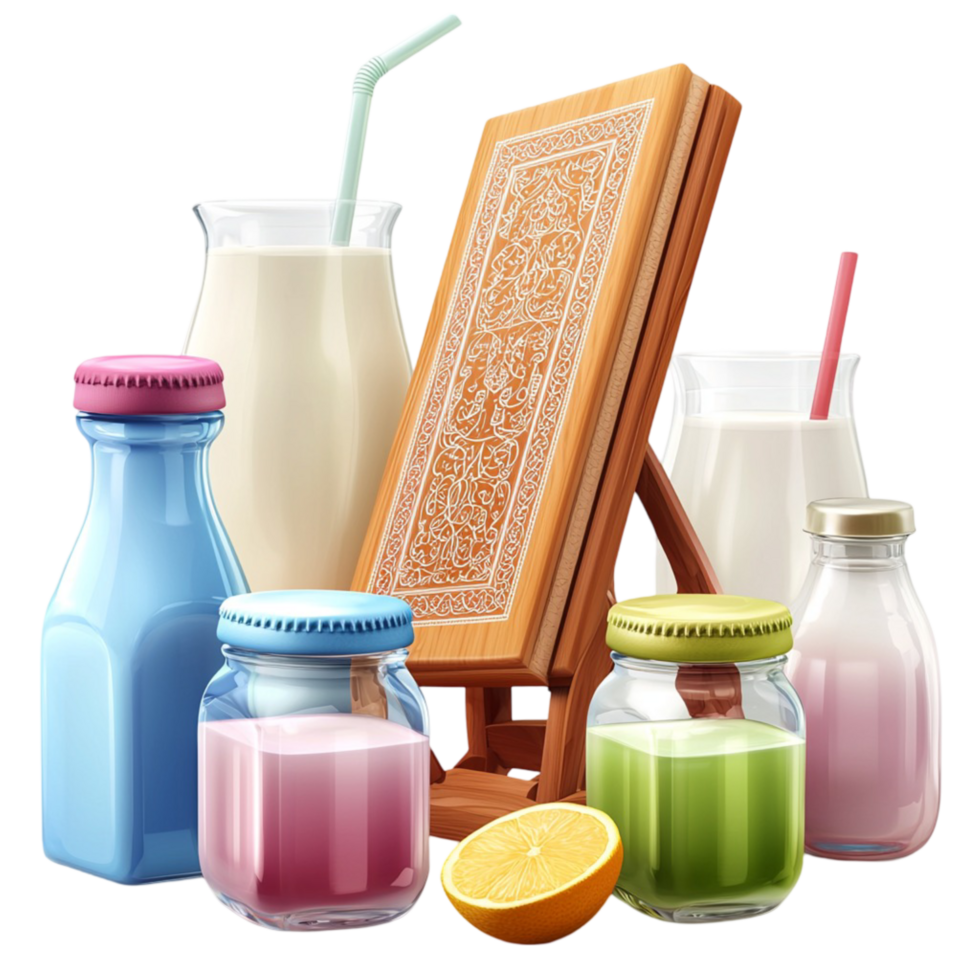 Assorted colorful bottles and containers with a wooden book stand png