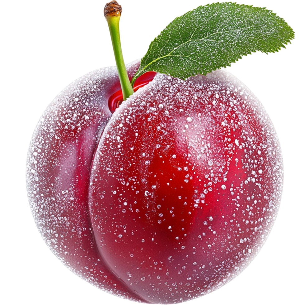 red plum with green leaf and a vibrant appearance png