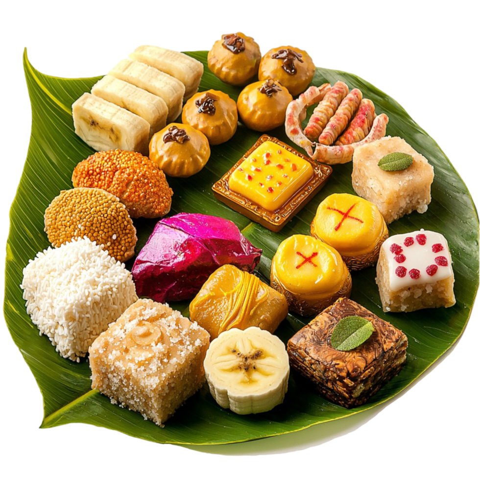 Assortment of colorful traditional sweets arranged on a green leaf png