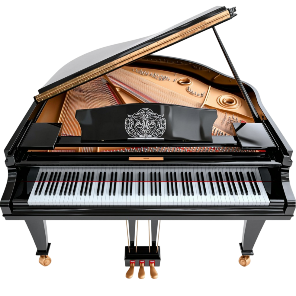 Grand piano with an open lid and black and gold details png
