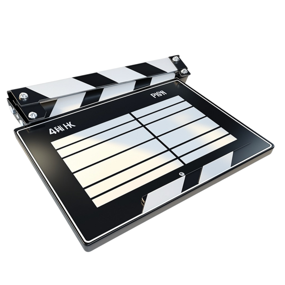 Black and white film clapperboard with clear text and sleek design png