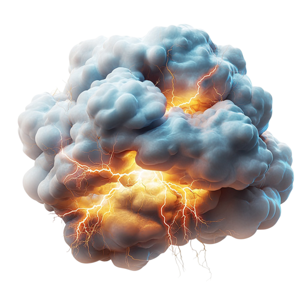 Explosive storm cloud crackling with intense energy and lightning png
