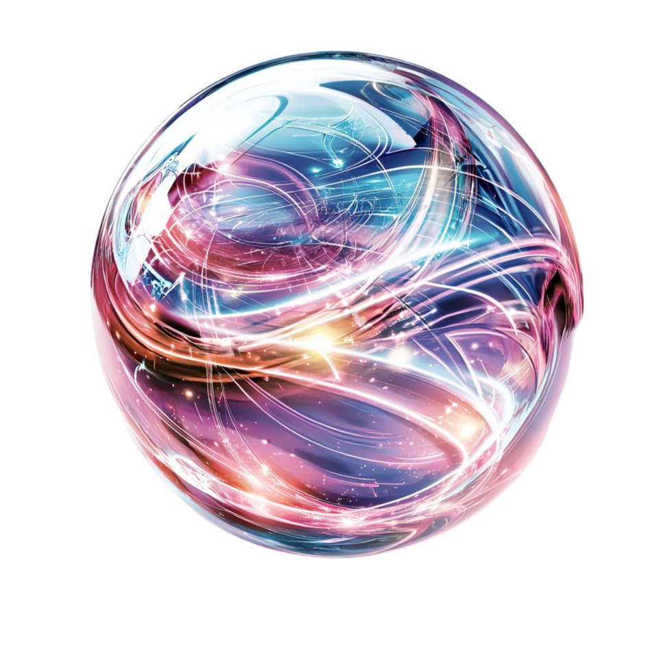 Colorful glass sphere with swirling pastel and neon patterns png
