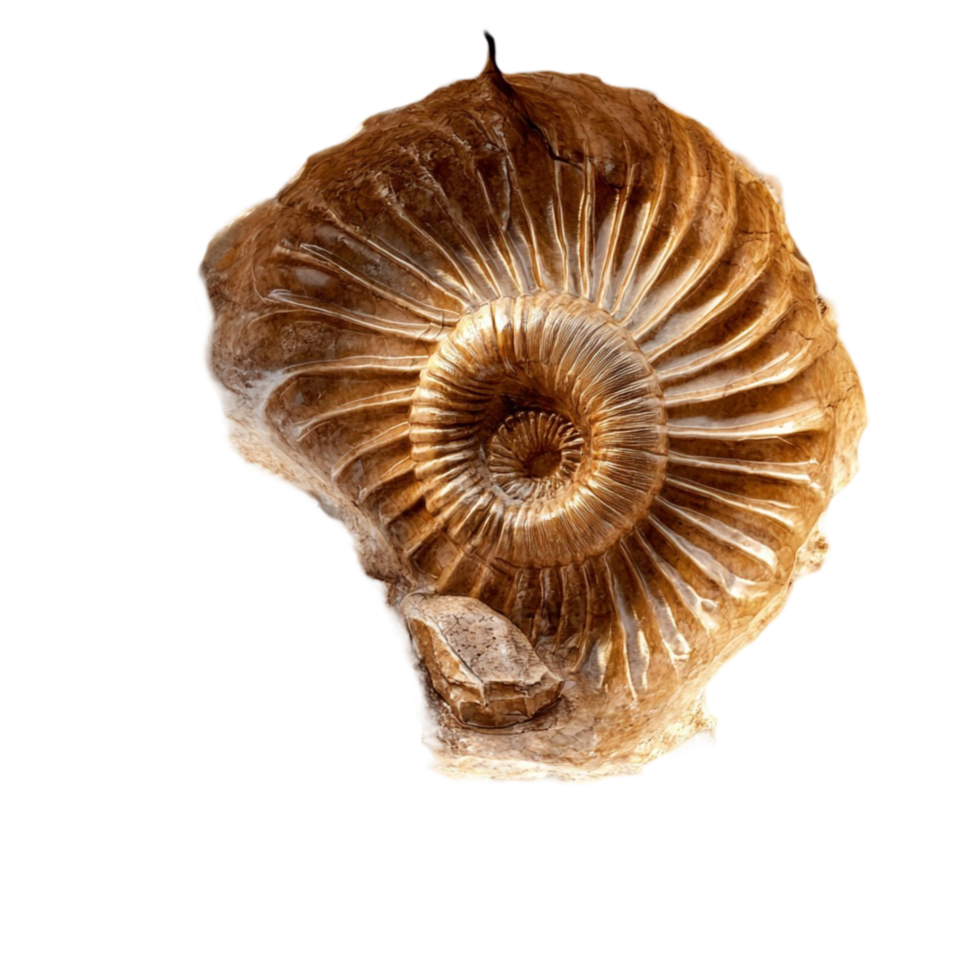 Beautifully preserved ammonite fossil with intricate spiral patterns png