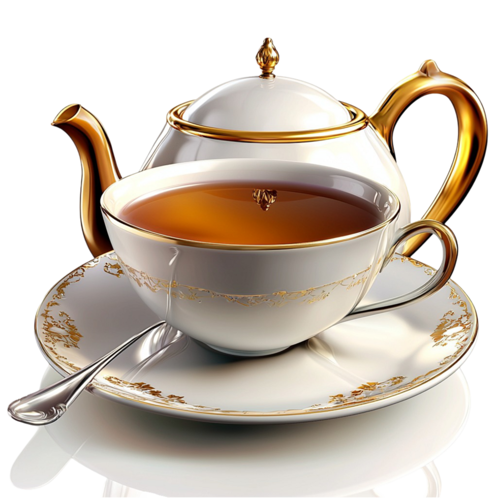Luxurious porcelain tea set with a golden rim and tea png
