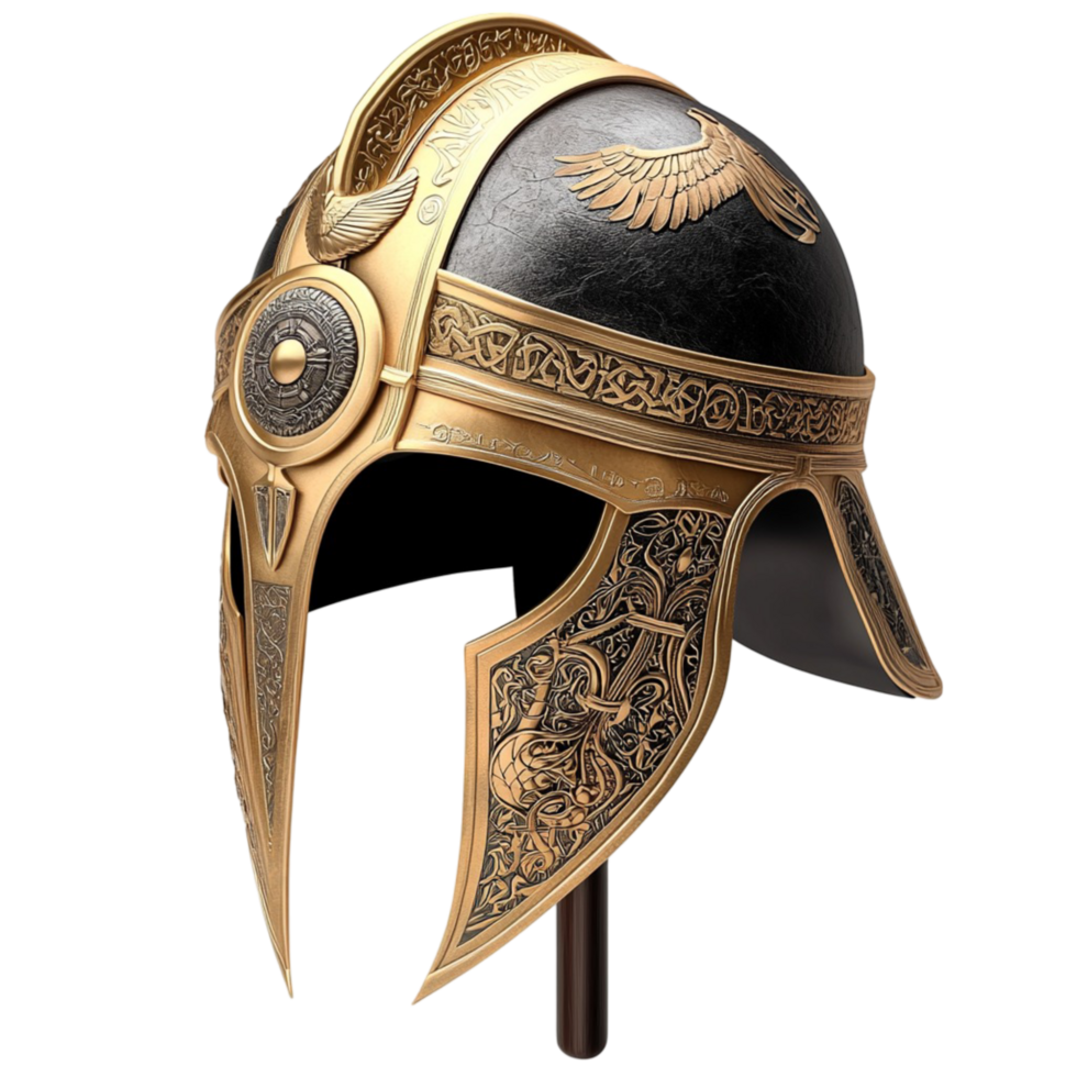 Ancient warrior helmet with intricate golden engravings and details png