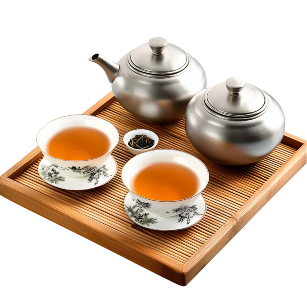 Traditional Chinese tea set with a wooden tray and teacups png