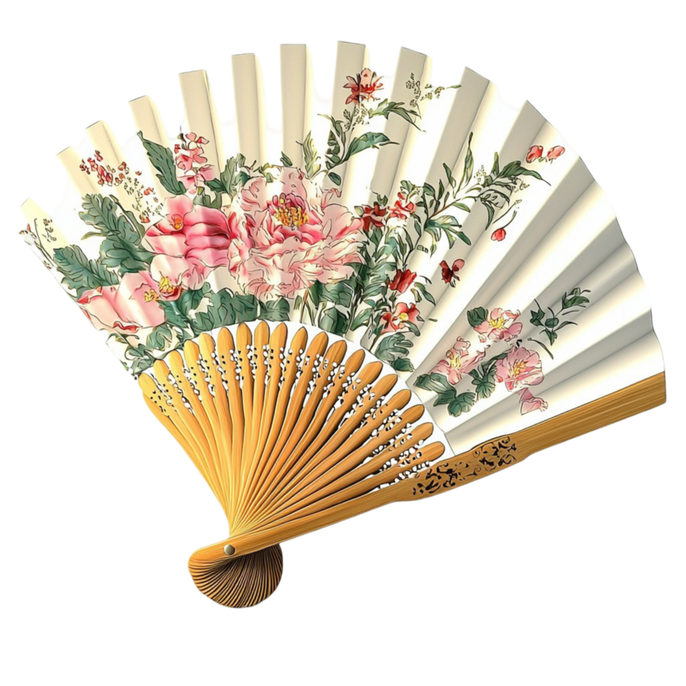 Beautiful floral folding fan with intricate handed flower designs png