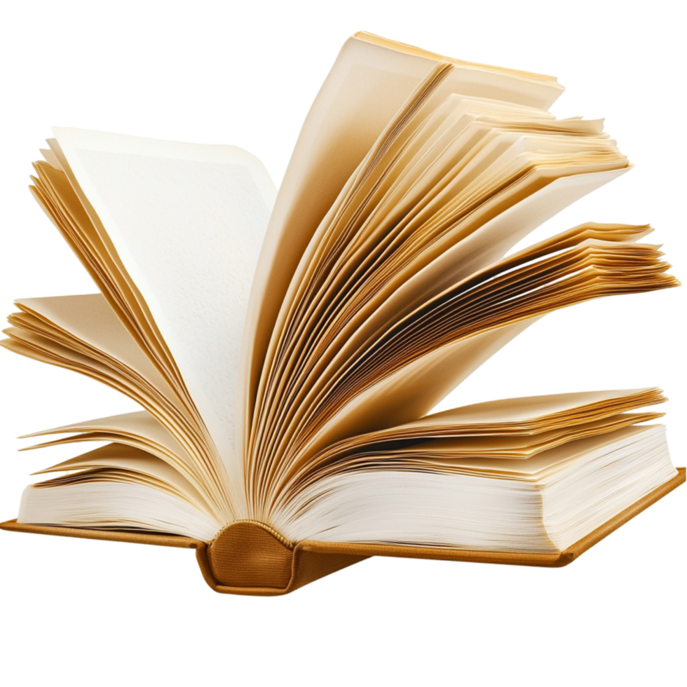 Open book with fanned out pages filled with wisdom and stories png