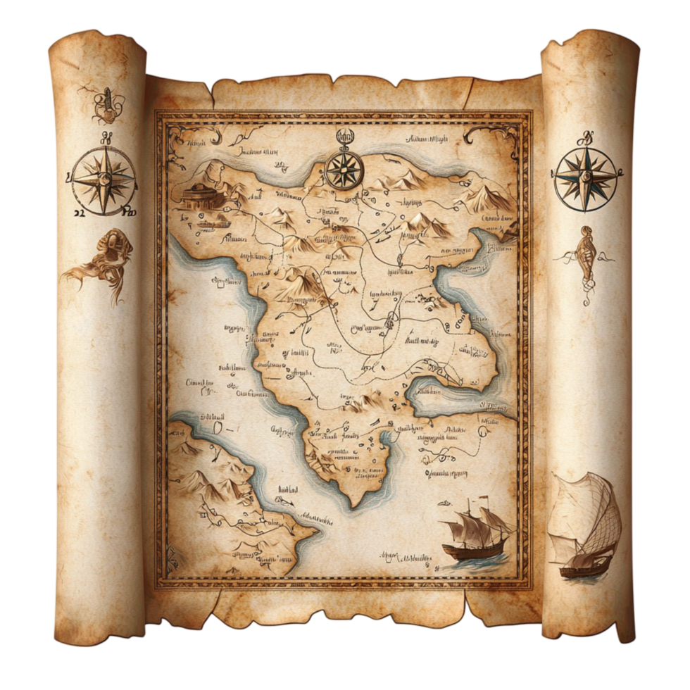Aged parchment map with nautical designs and old markings png