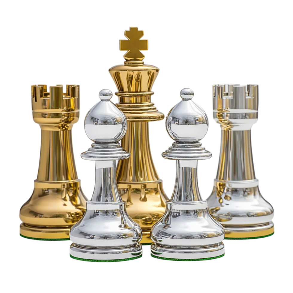 chess pieces in gleaming gold and silver finishes png