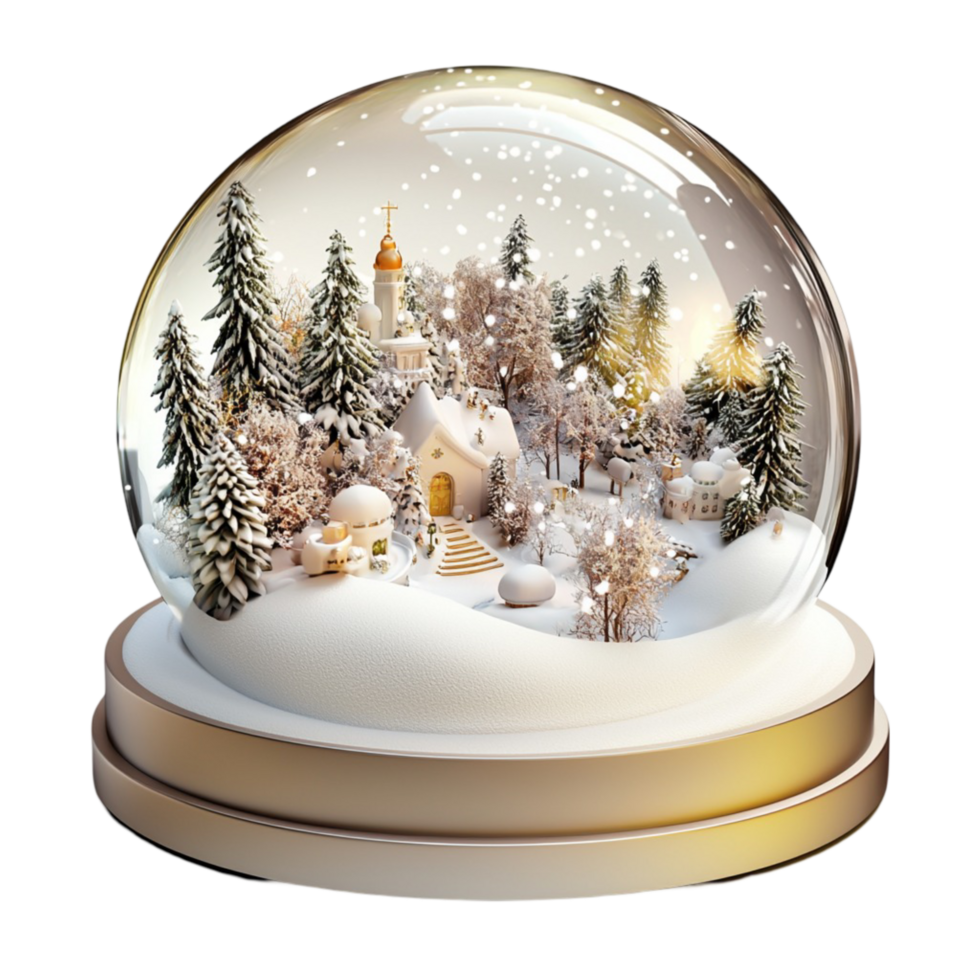 Magical winter snow globe with a cozy village and pine trees png