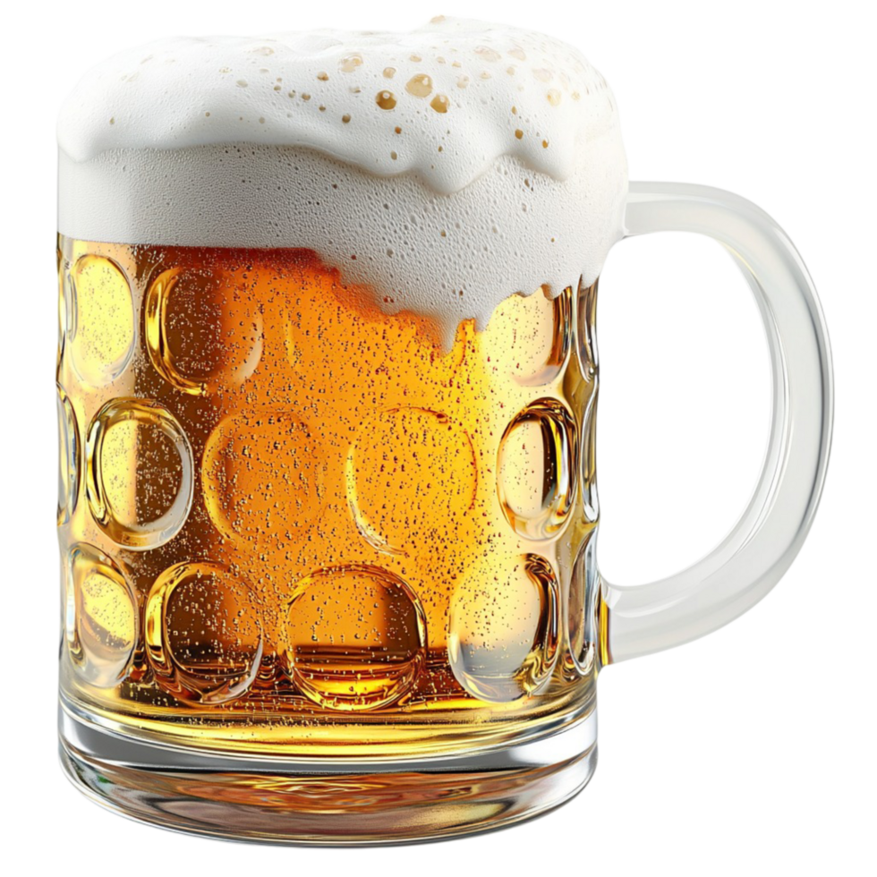 glass beer mug filled with frothy golden beer and bubbles png